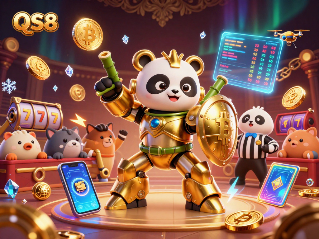 Experience dynamic gaming with QS88, featuring a mech-suit panda in a thrilling casino scene.
