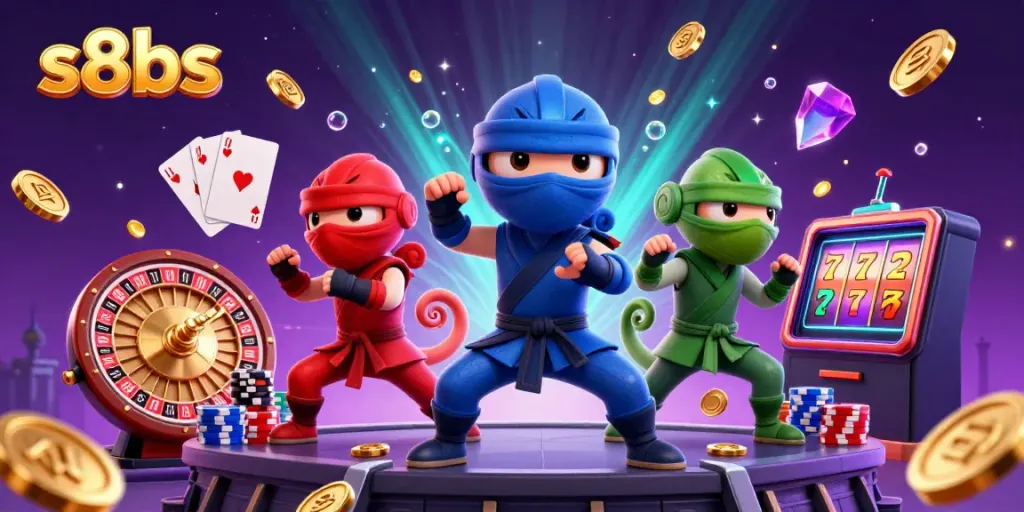 Experience thrilling gameplay with s8bs chameleon ninjas performing martial arts among flying coins and casino elements.