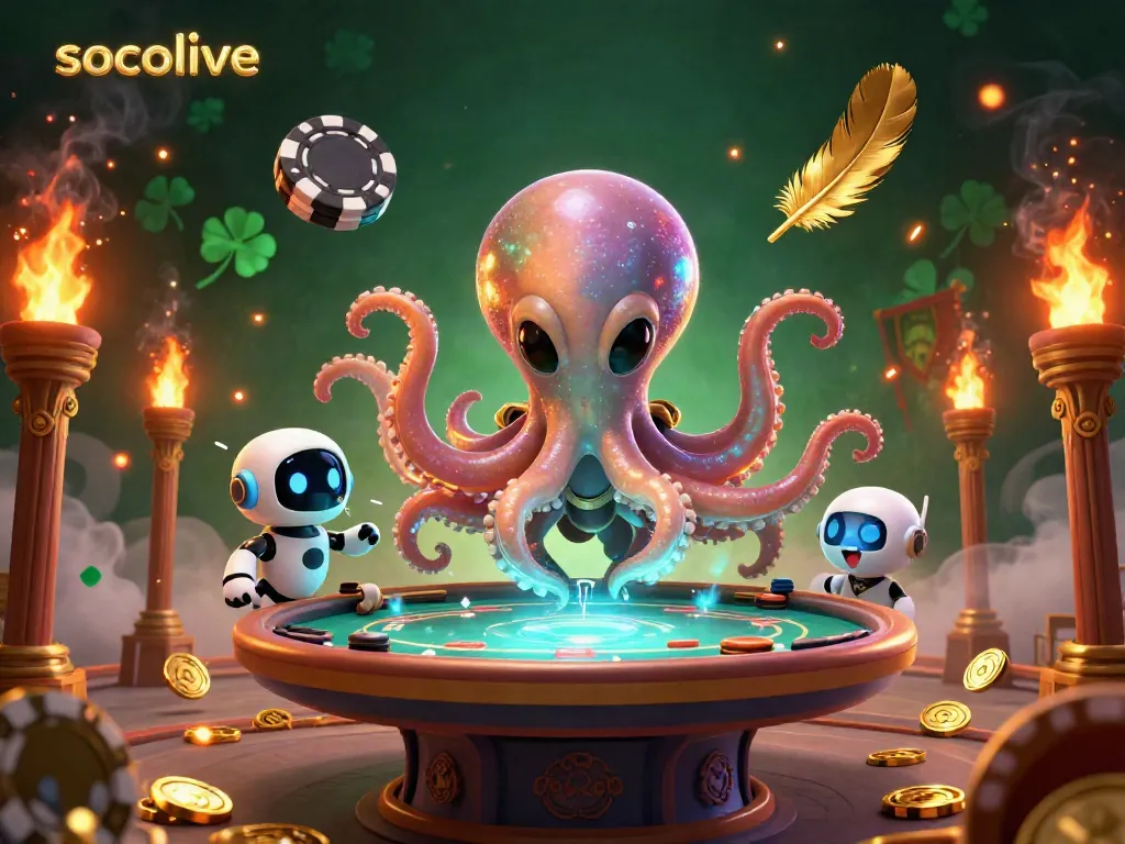 Socolive alien octopus operating a holographic poker table with chips in a vibrant casino scene.
