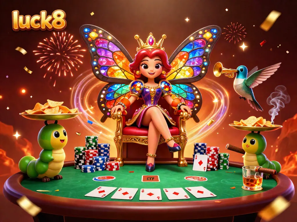 Engage with luck8 in a vibrant, dynamic casino scene featuring a butterfly queen and poker elements.