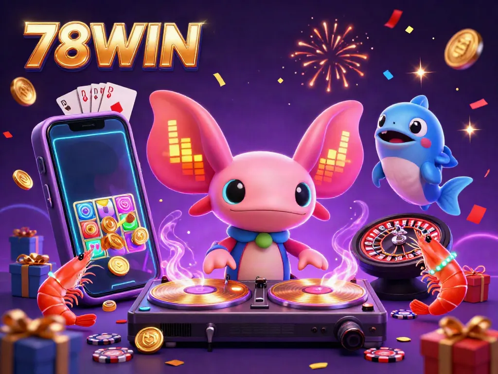 Experience exciting gameplay at 78WIN with vibrant games and characters in a 3D casino atmosphere.