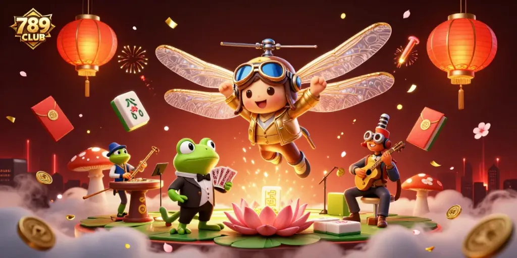 Engage with thrilling games at 789CLUB featuring a lively frog dealer and festive casino atmosphere.