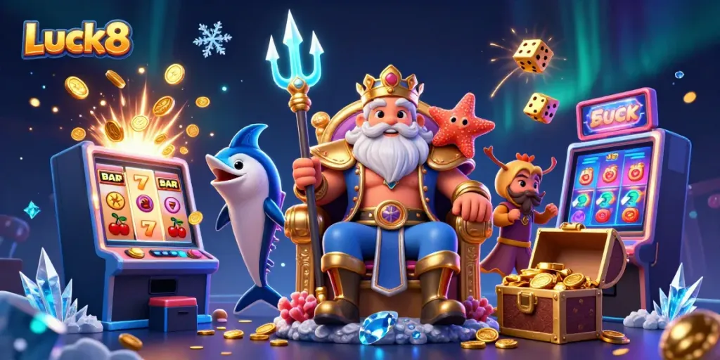 Luck8 showcases a vibrant 3D casino scene with Neptune, treasure elements, and dynamic gambling actions.