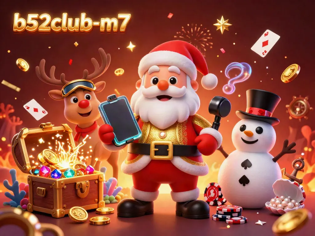 Experience jackpots with b52club-m7 as Santa spins his slots surrounded by festive casino symbols.