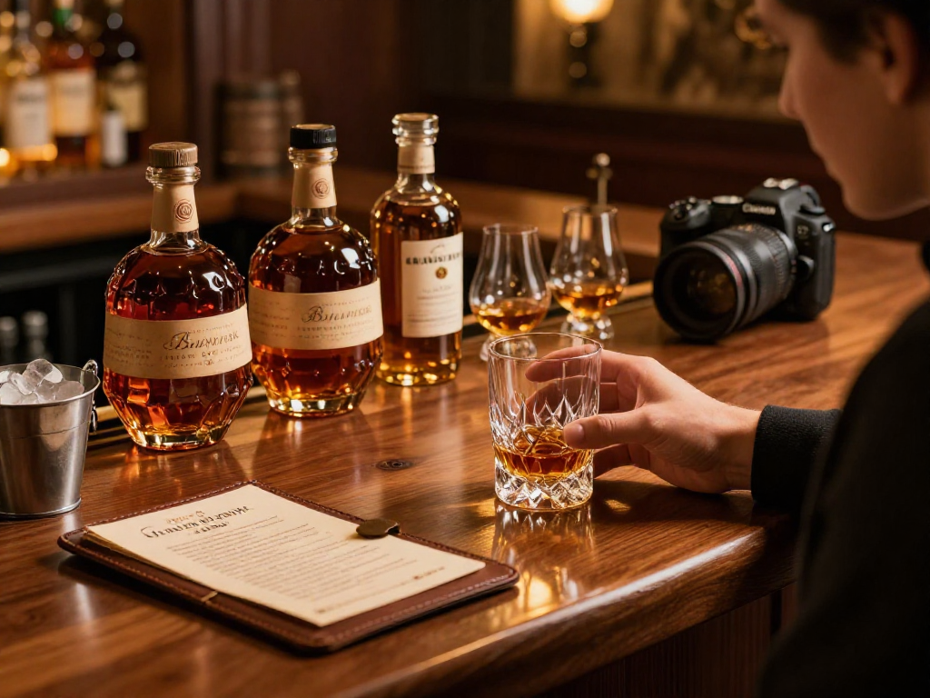 Enjoying Blanton's Gold bourbon at a refined bar, rich amber tones and luxurious atmosphere.