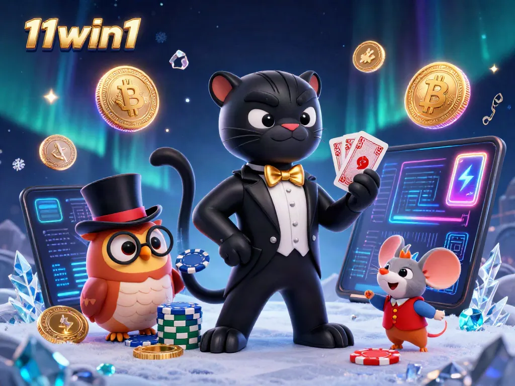 Engage in thrilling casino action with 11win1, showcasing a stylish panther dealer, whimsical owl, and lucky mouse.