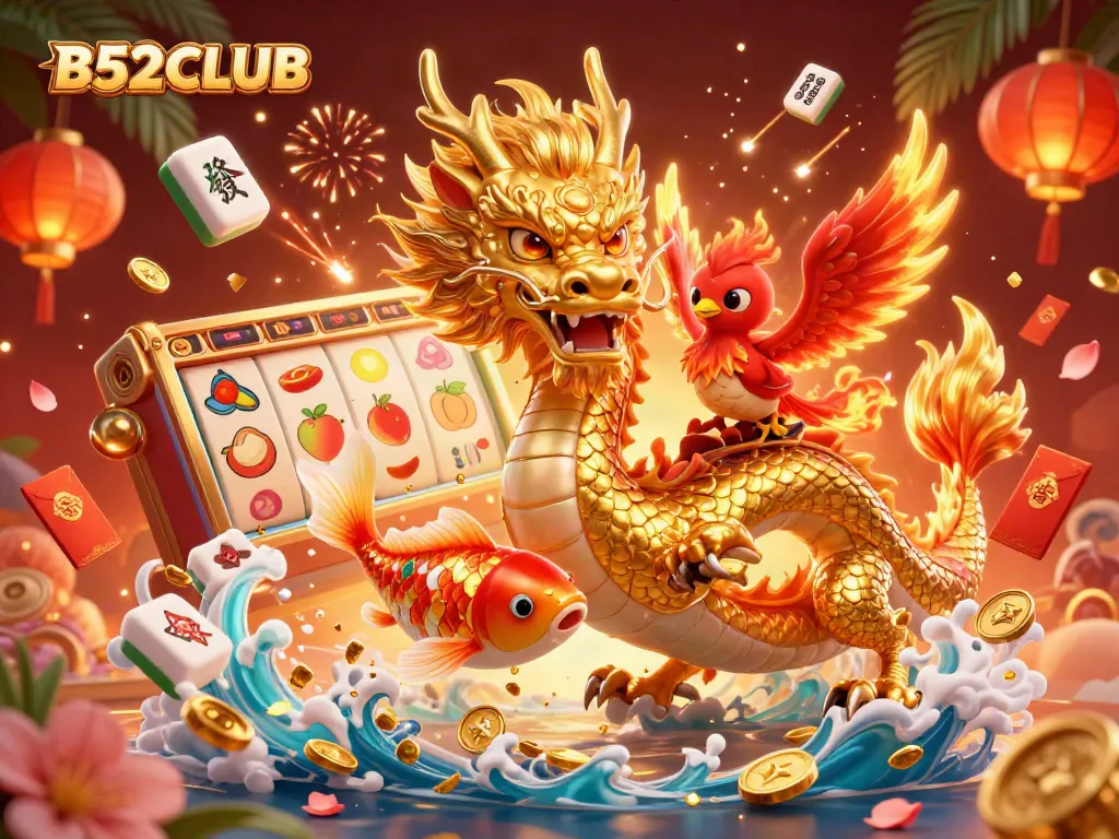 B52CLUB's vibrant dragon and phoenix illustration brings thrilling slots excitement to life.
