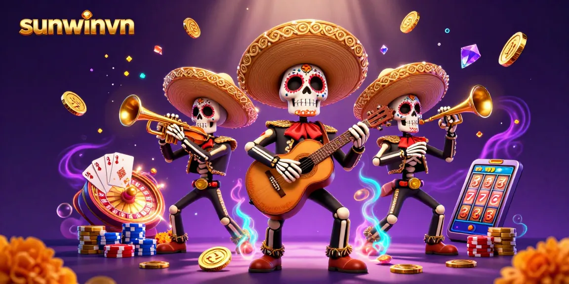 Experience thrilling casino action with sunwinvn's vibrant mariachi band, coins, and iconic game elements.