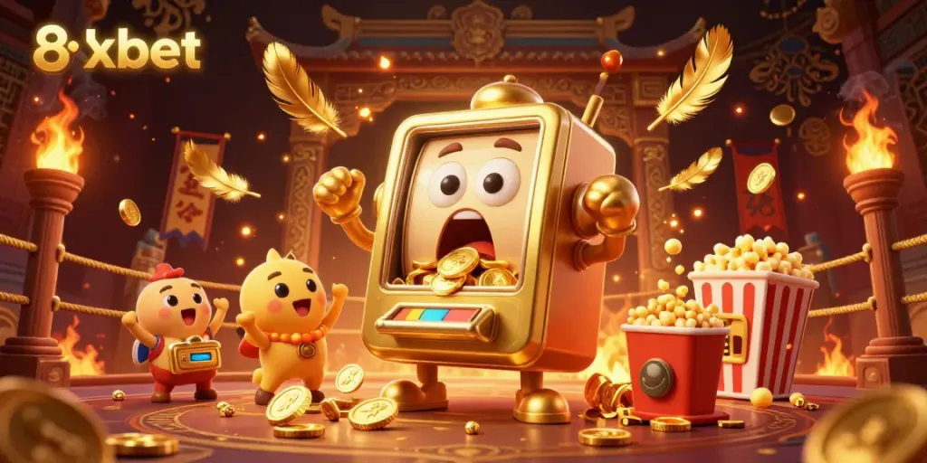 8xbet slot machine hitting jackpot, coins pouring, cheering baby slots, festive casino atmosphere.