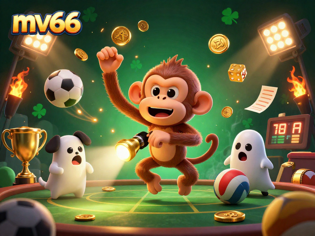 Experience mv66's thrilling haunted casino scene with a playful poltergeist monkey and ghost-hunter puppy.
