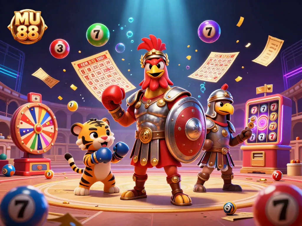 Engage with MU 88's exciting gambling scene featuring vibrant lottery elements and dynamic characters.