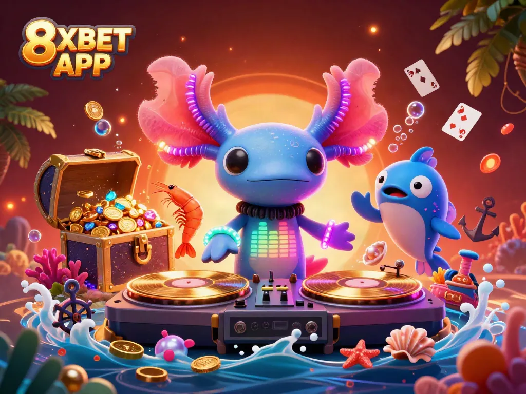 Experience thrilling action with 8XBET APP in a vibrant underwater casino scene filled with gold coins and playful characters.