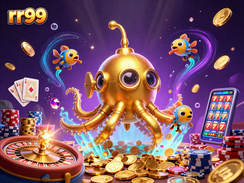 Experience thrilling adventures at rr99 with a dynamic scene of a golden kraken submarine amidst casino games.