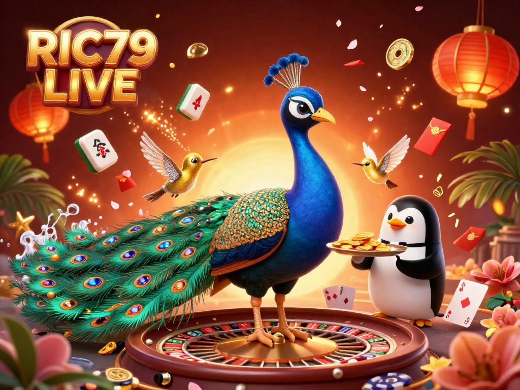 Join the excitement at RIC79 LIVE with a stunning casino scene featuring colorful characters and dynamic gaming elements.