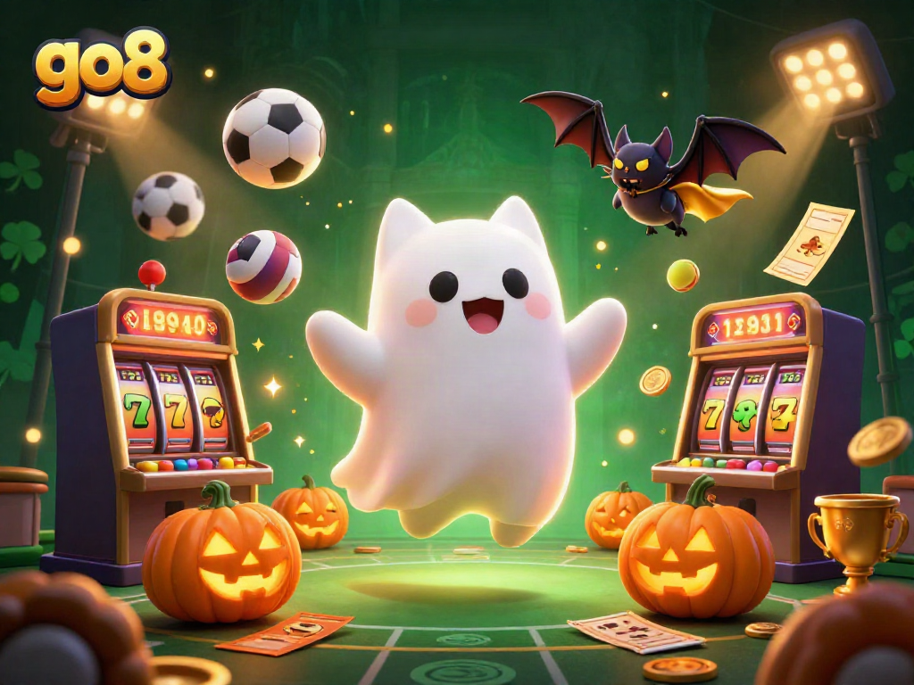 Engage in thrilling casino action with go8's vibrant 3D illustration of a ghost cat in a haunted mansion.