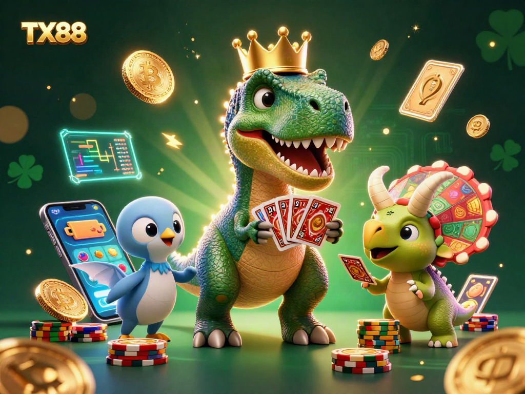 TX88 portrays a playful scene of a T-Rex shuffling cards in a casino filled with vibrant elements.