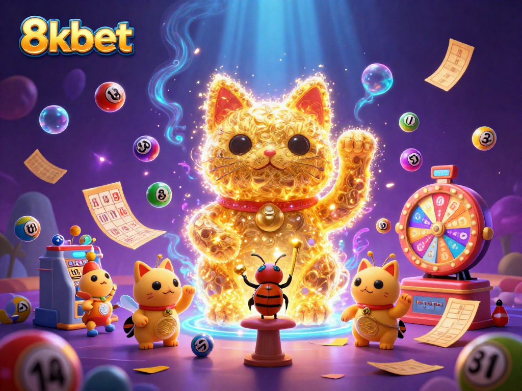 Experience the vibrant world of 8kbet with animated golden fireflies forming a lucky cat amidst lively casino symbols.