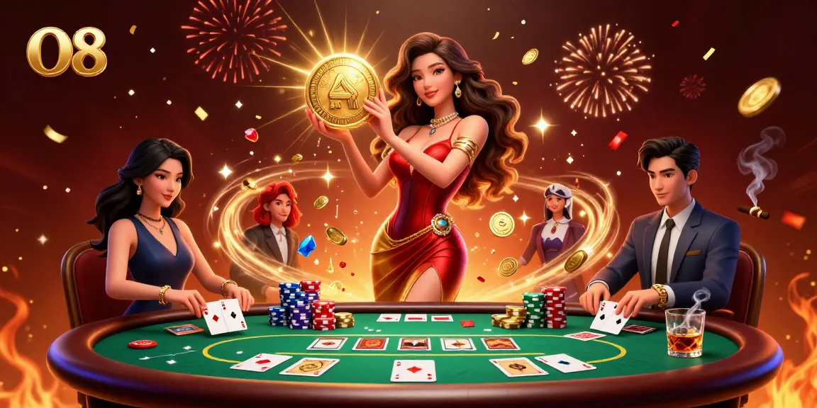 Experience excitement with O8; a stunning illustration showcasing a winning moment at a poker table.