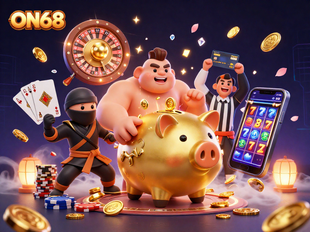 Join ON68's excitement with a vibrant scene showcasing games, coins, and colorful characters.