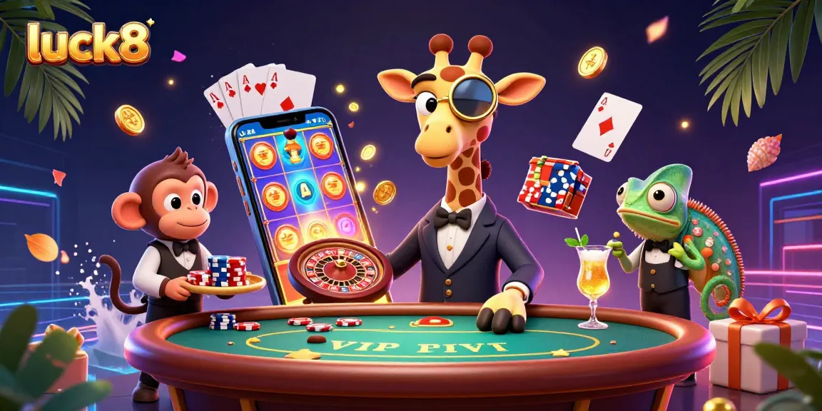 Luck8 animated scene with a high-roller giraffe and playful casino elements igniting excitement.