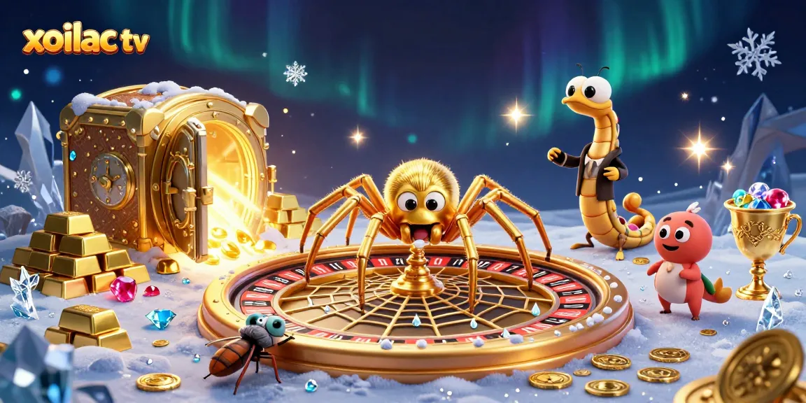 Xoilac tv showcases a vibrant 3D illustration of a golden spider and croupier amidst a casino backdrop of riches.