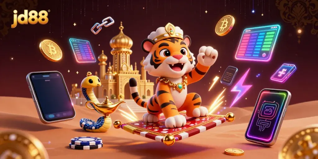 Witness the enchanting jd88 experience with a vibrant casino-themed illustration of a sultan and genie amidst shimmering cryptocurrencies.