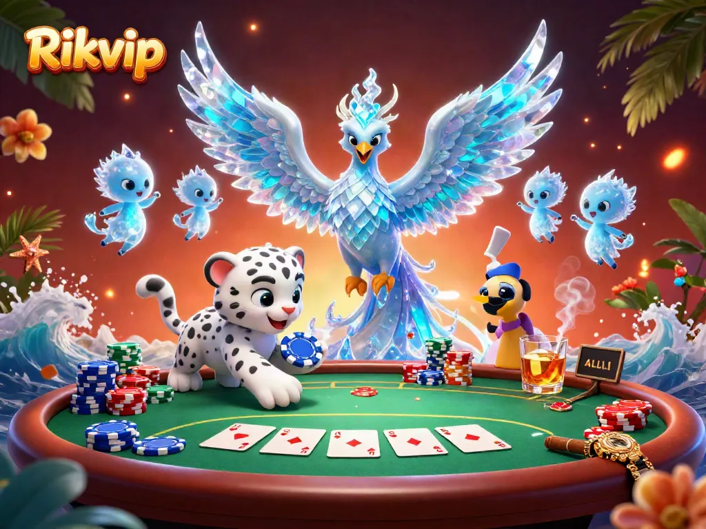 Engage with Rikvip's vibrant casino atmosphere featuring a playful ice phoenix and poker elements.