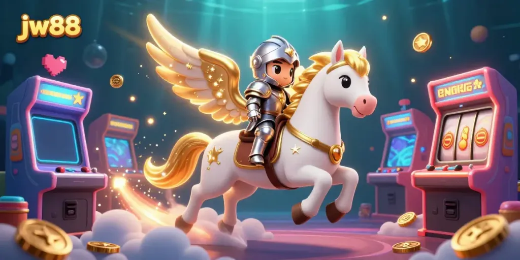 Engage with jw88's vibrant 3D casino universe featuring a celestial horse, arcade elements, and dazzling gold.