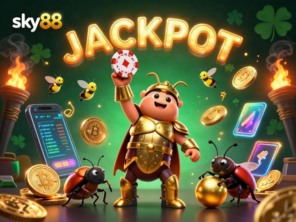 Experience the thrill of sky88 with a triumphant beetle in armor lifting chips amidst a vibrant gaming scene.