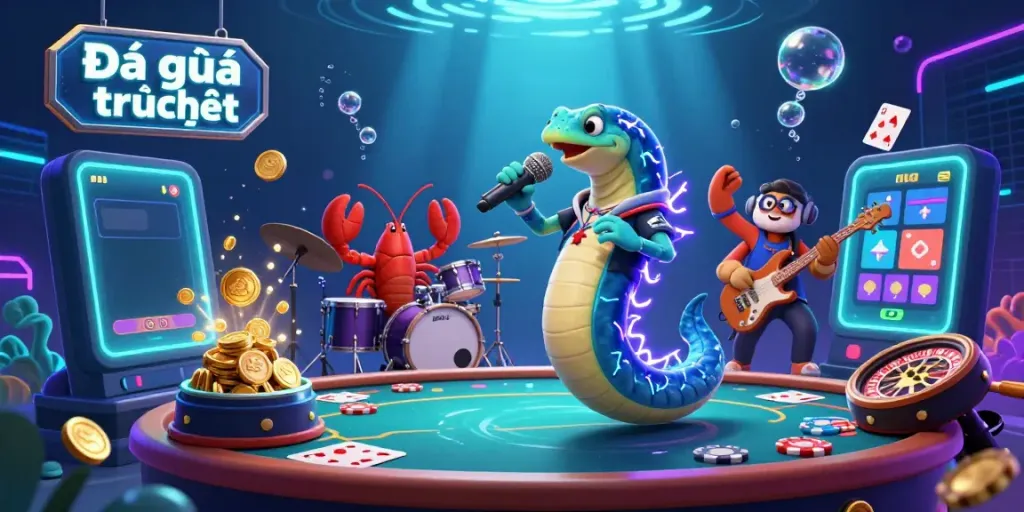 Experience Đá gà trực tiếp through a vibrant, immersive underwater casino stage featuring electrifying characters and gameplay elements.