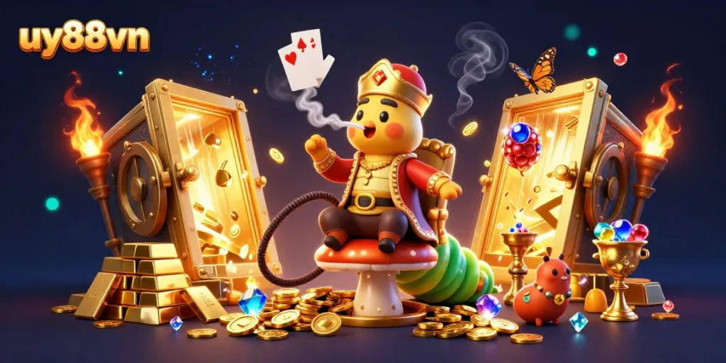 Experience uy88vn's thrilling atmosphere with a whimsical caterpillar character amidst golden treasures and casino themes.