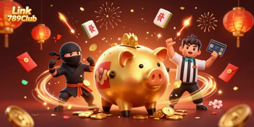 Experience the dynamic world of Link 789Club with a golden piggy bank sumo wrestler interacting in a vibrant casino scene.