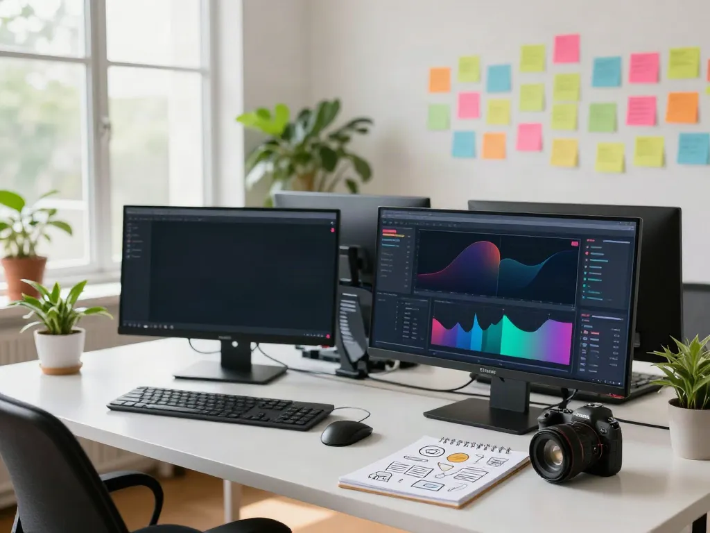 Ruang kerja pemasaran digital Piktoto dengan analitik dan ide kampanye.