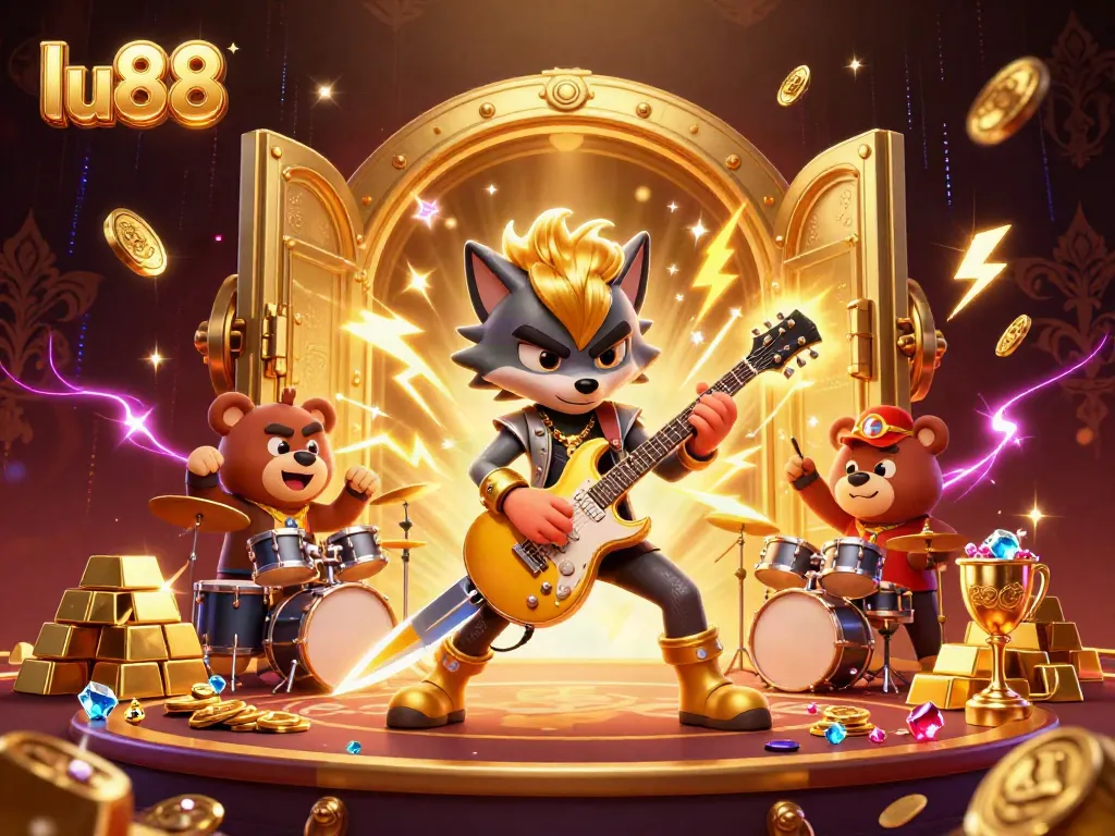 Engage in thrilling gaming action at LU88 with a vibrant 3D casino stage featuring a rock star wolf and dynamic drummer bear.