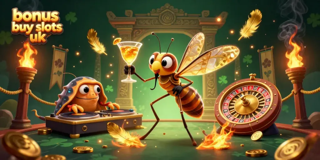 Experience bonus buy slots uk with a cartoon mosquito mascot, trilobite DJ, and vibrant casino elements.