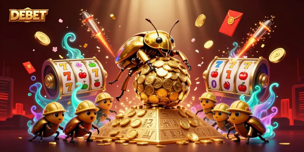 DEBET animation featuring golden beetles rolling coins and slot reels in a vibrant casino scene.