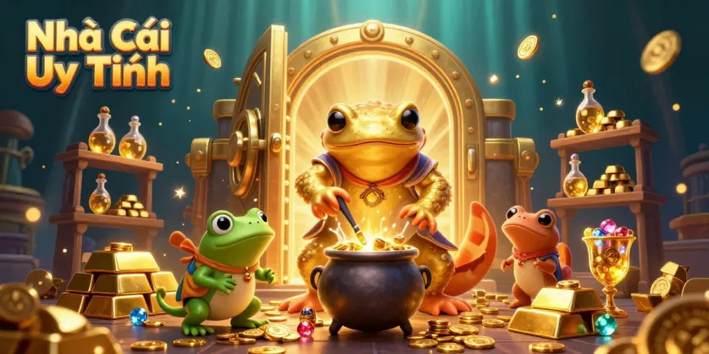 Betting action with Nhà Cái Uy Tín amid treasures, gold coins, and magical elements in a dynamic scene.