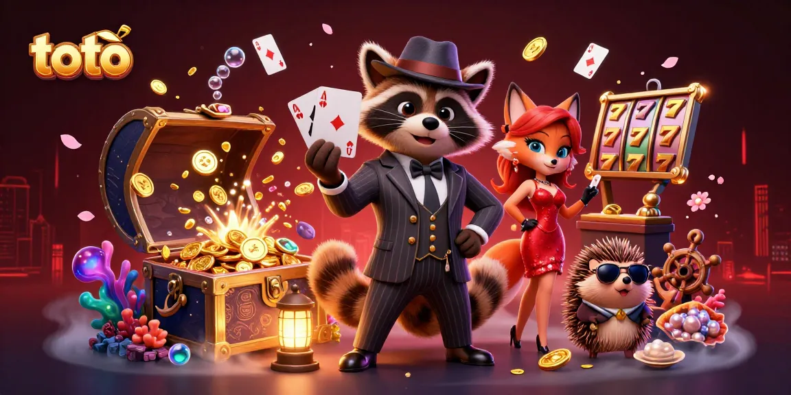 Experience thrilling casino action with toto as raccoon and fox conquer slot games in vibrant illustration.