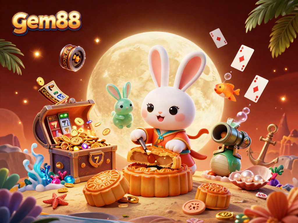 Experience gem88's vibrant casino atmosphere with cartoon characters in a rich, dynamic scene.