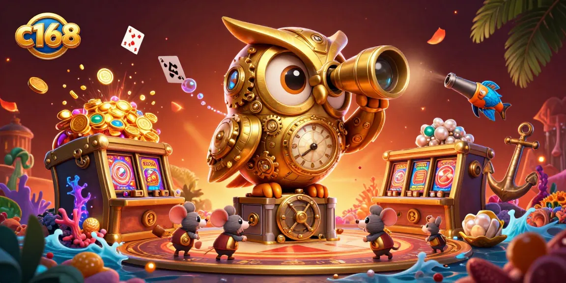 Experience thrilling casino action with c168's unique owl navigating a vibrant jackpot scene.