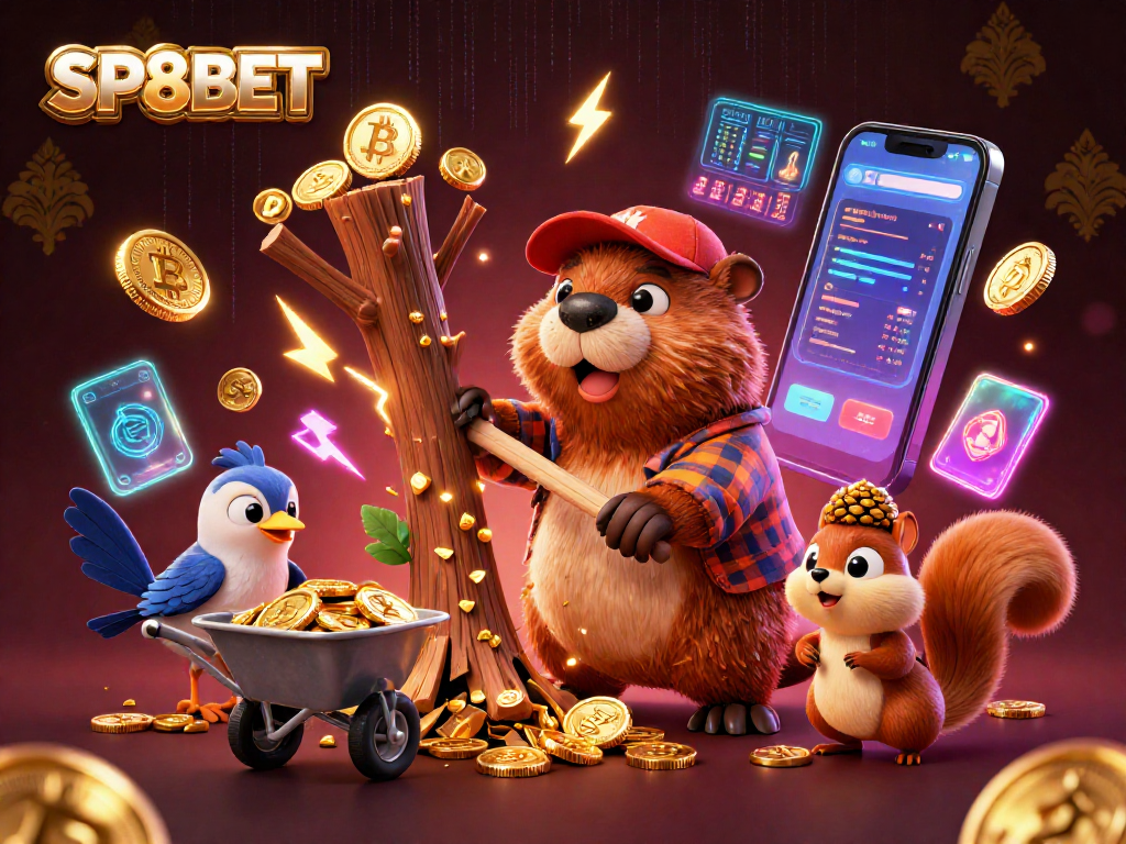 Experience the vibrant world of SP8BET with a 3D cartoon scene filled with golden coins and crypto elements.