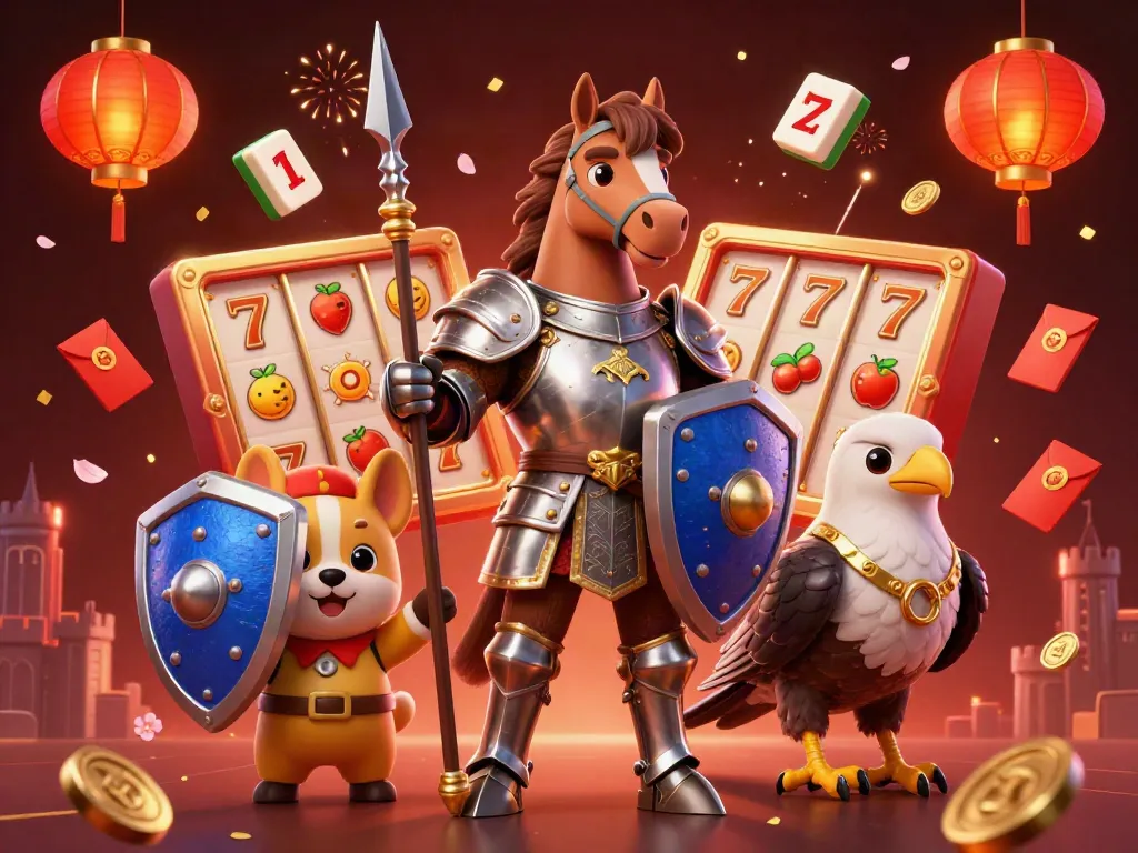 Engage with 8xbet's thrilling slots experience, featuring knights, puppies, and festive Chinese decorations.