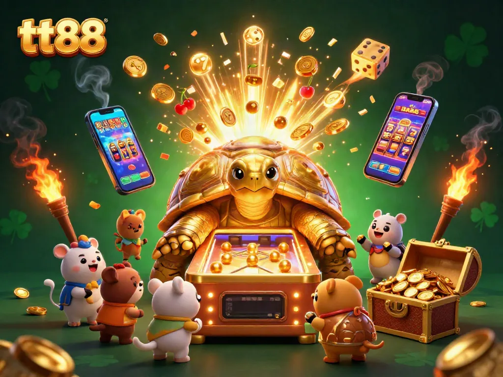 Engage with tt88's vibrant, exciting atmosphere featuring golden tortoise pinball, slot jackpots, and lively gaming elements.