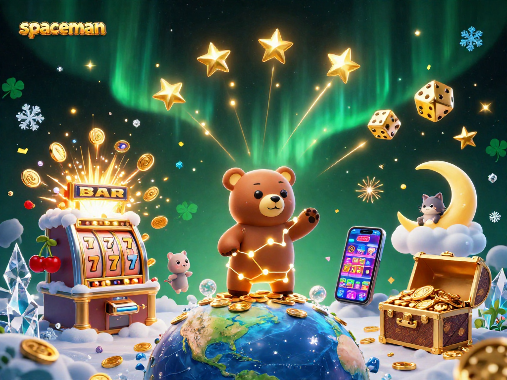 Experience the spaceman collecting winnings with vibrant slots and casino elements in a cosmic scene.