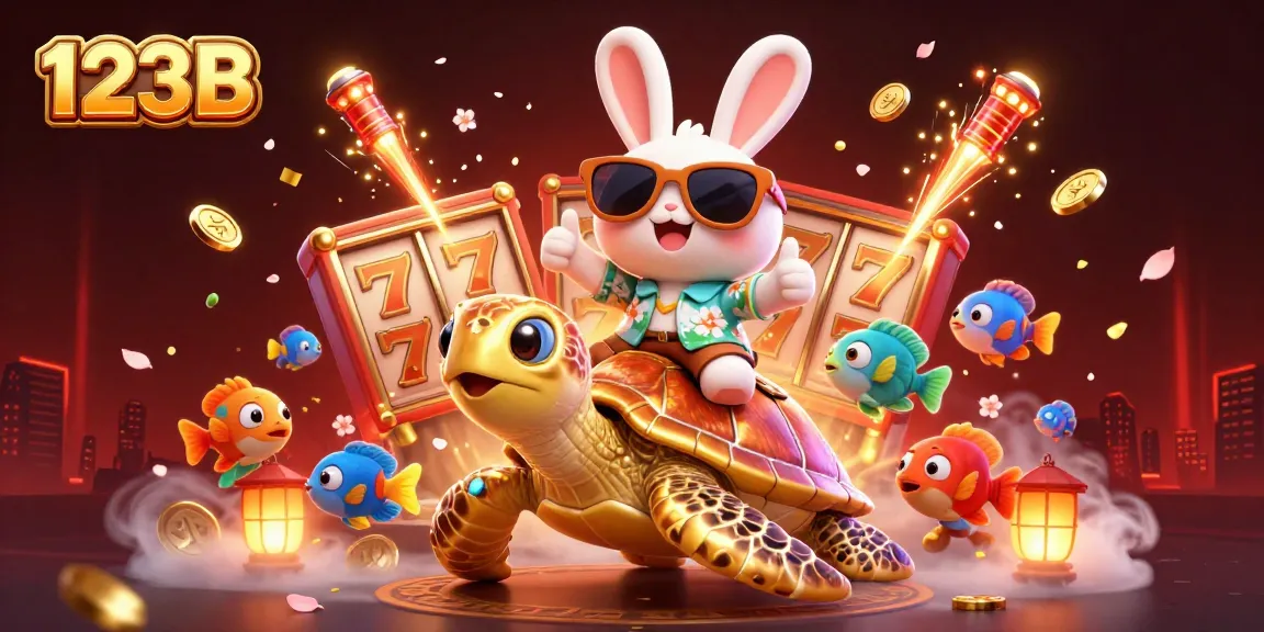 Enjoy exciting slots at 123B with a lucky rabbit and a golden sea turtle in a vibrant casino scene.