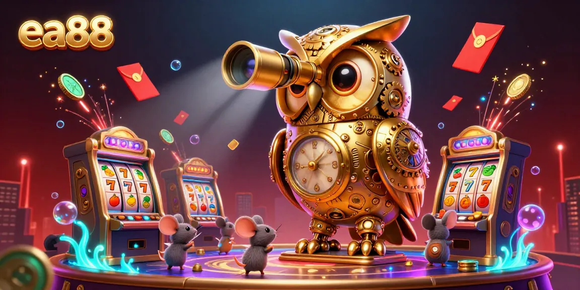 Experience the thrill of ea88 casino gaming with our vibrant 3D illustration of a golden owl overseeing players and spinning slot machines.