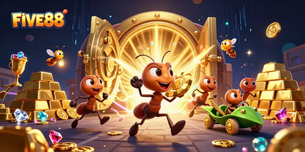 Ants executing a heist for FIF88’s golden poker chip amid casino treasures.