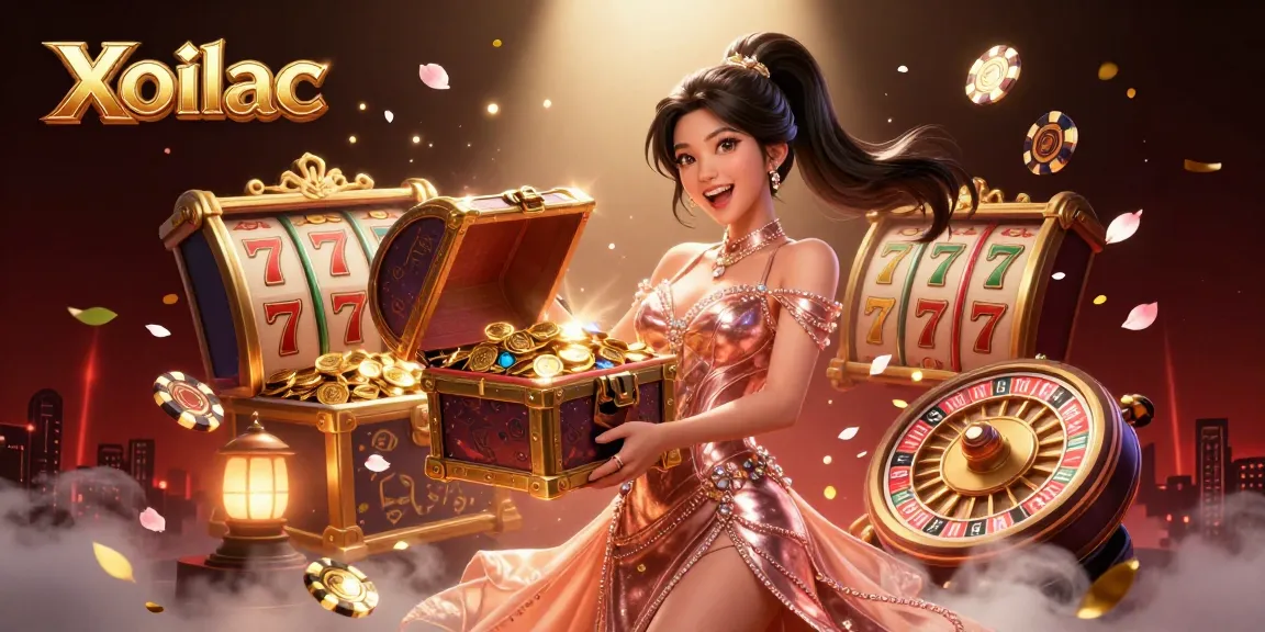 Xoilac captures the thrill of casino gaming with vibrant illustration of a woman showcasing treasures from a jackpot.