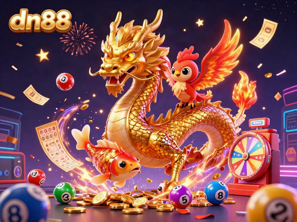 Experience exciting spins at dn88 with a golden dragon, phoenix, and koi amidst rain of coins and prizes.