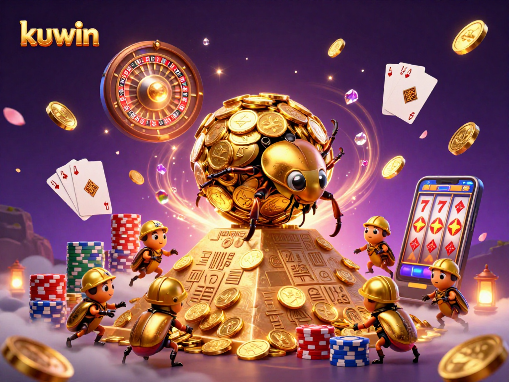 Kuwin rolls in a vibrant casino scene with golden coins, beetles, and dynamic gaming symbols.